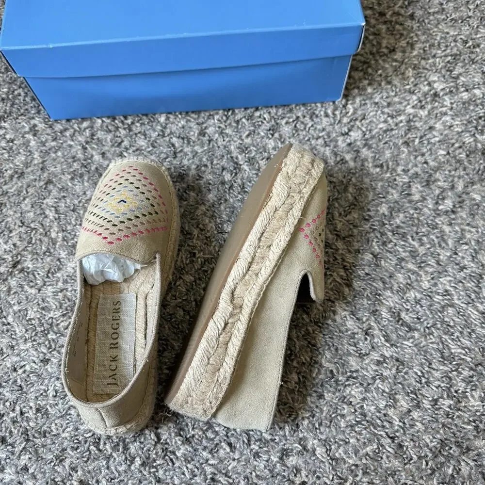 Jack Rogers Luna Suede Espadrilles Platform Shoe Slip On 6 M Sand Tan New